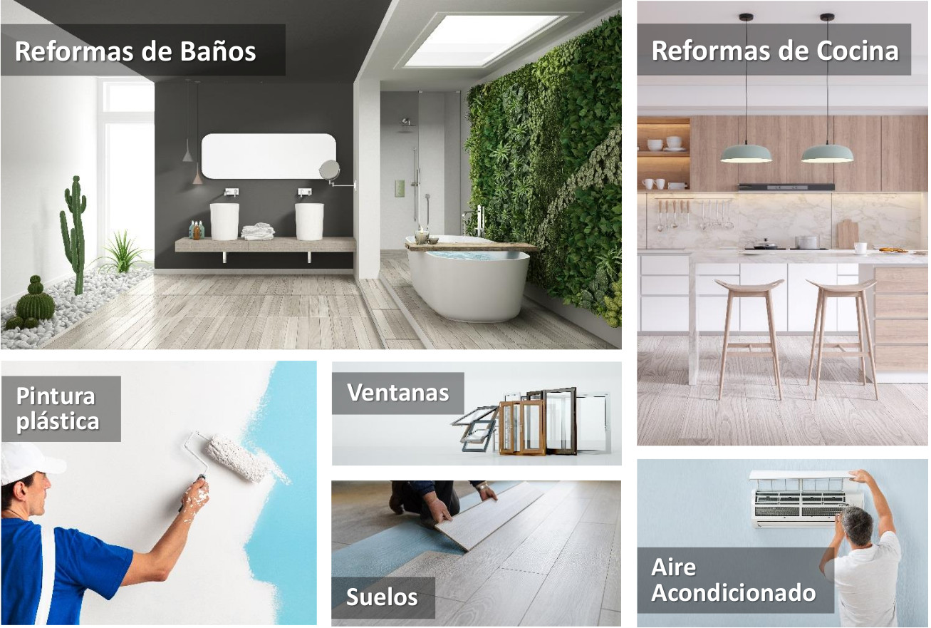 Reformas de baños, reformas de cocina, pintura plástica, ventanas, suelos y aire acondicionado